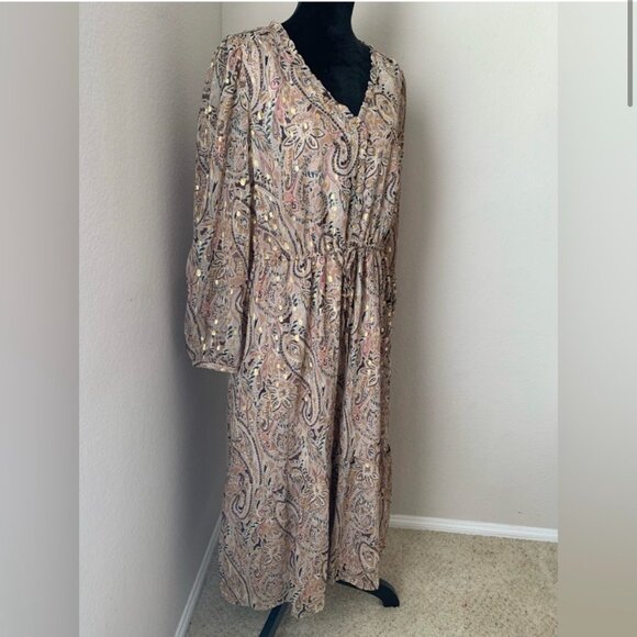 Paisley shimmer V-neck midi dress in gold and neutrals Loft - Picture 1 of 9